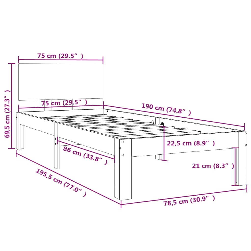 Bed frame without mattress white 75x190 cm