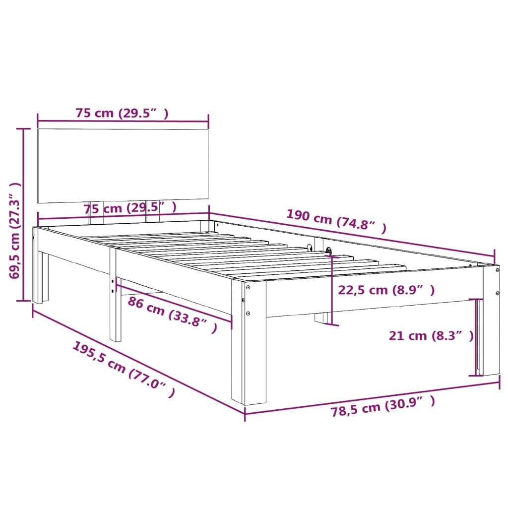 Cadre de lit sans matelas noir 75x190 cm