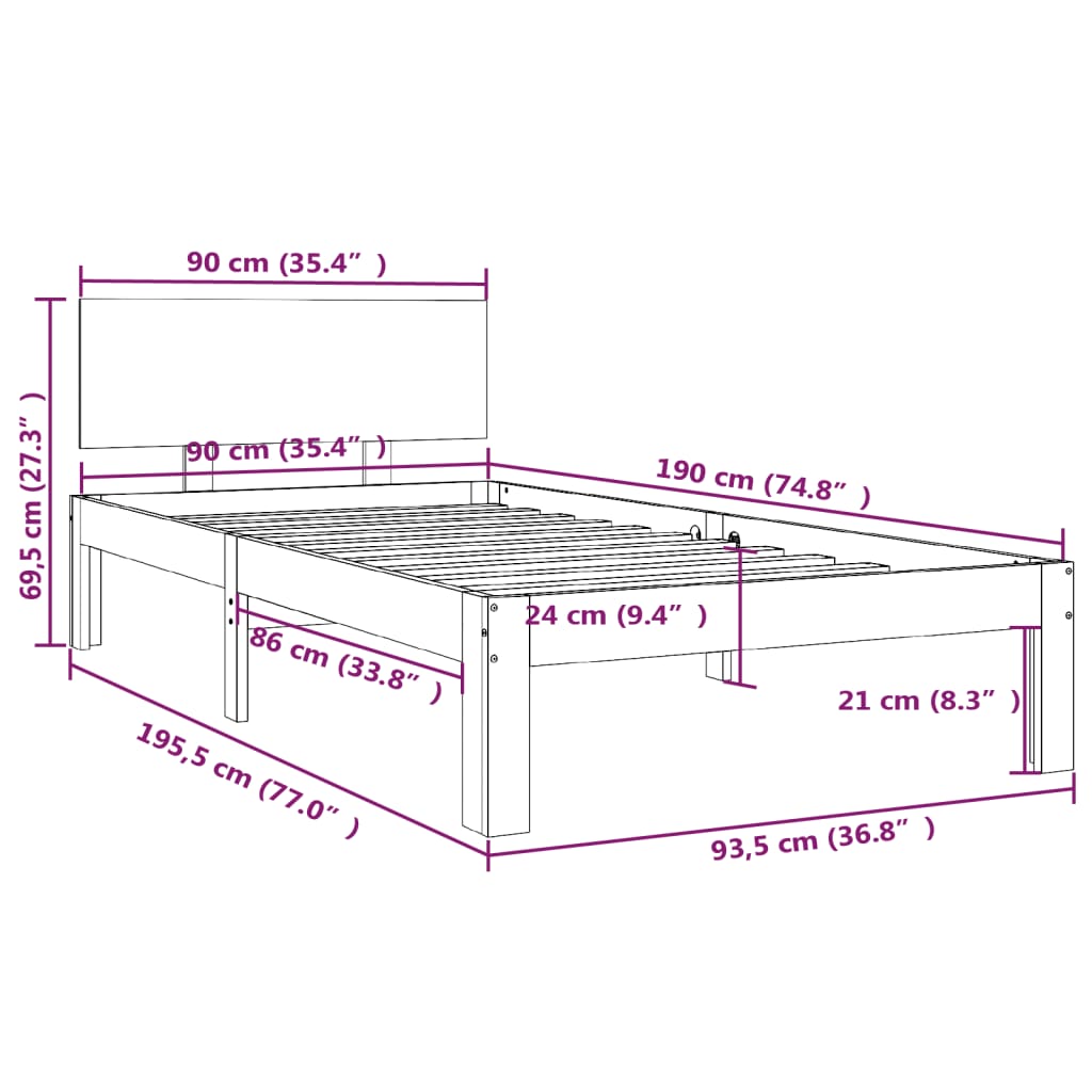 Bed frame without mattress 90x190 cm