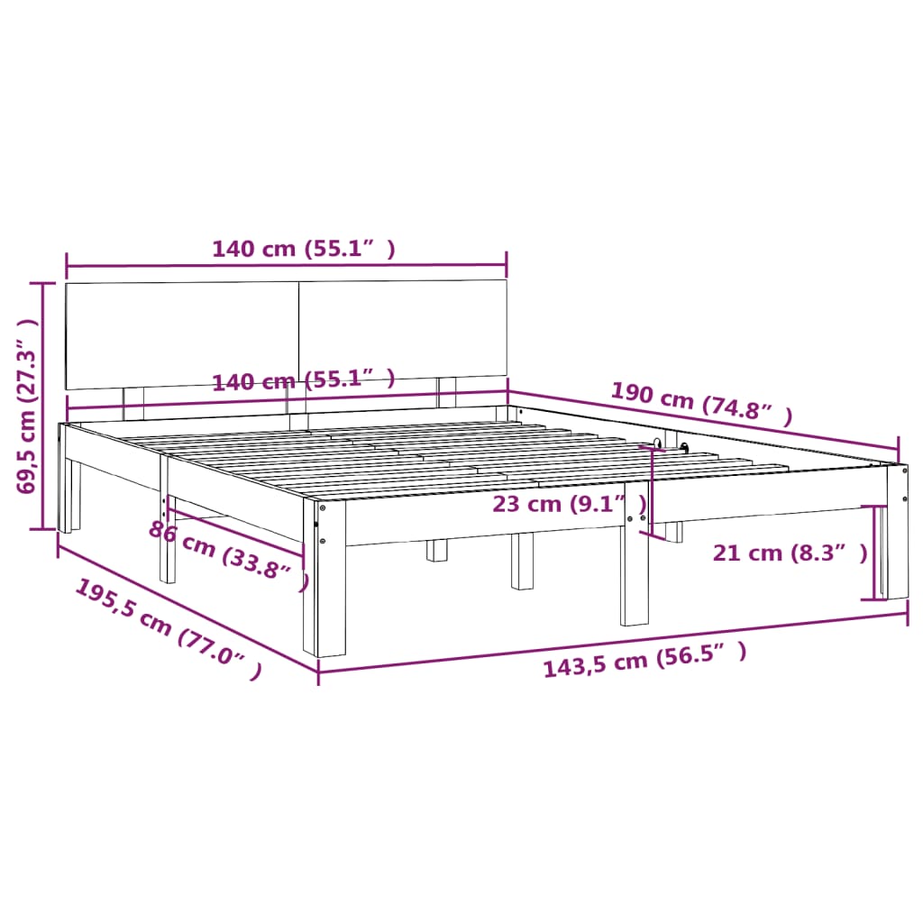 Bed frame without mattress white solid pine wood 140x190 cm