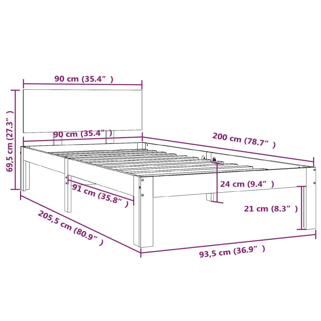 Bed frame without mattress solid pine wood 90x200 cm