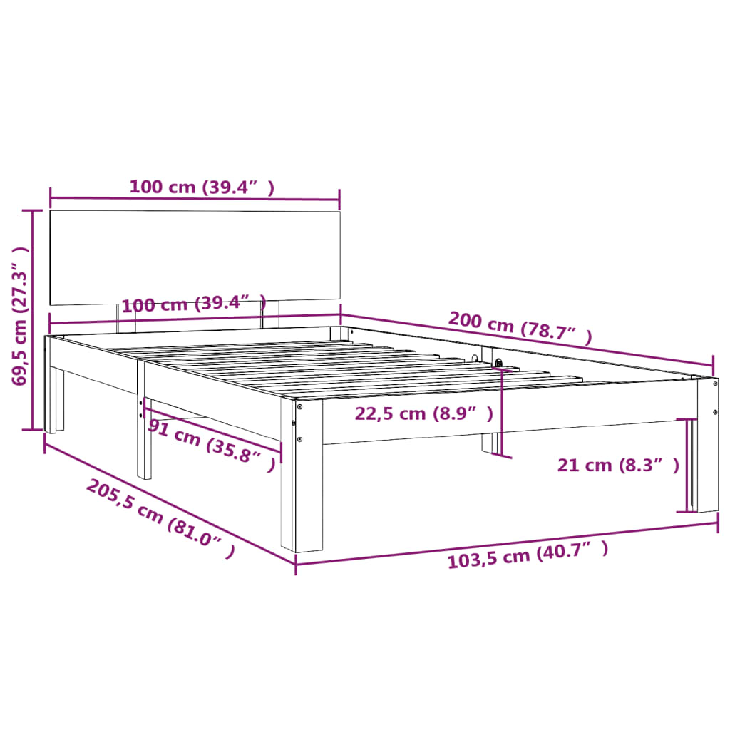 Bed frame without mattress white solid pine wood 100x200 cm