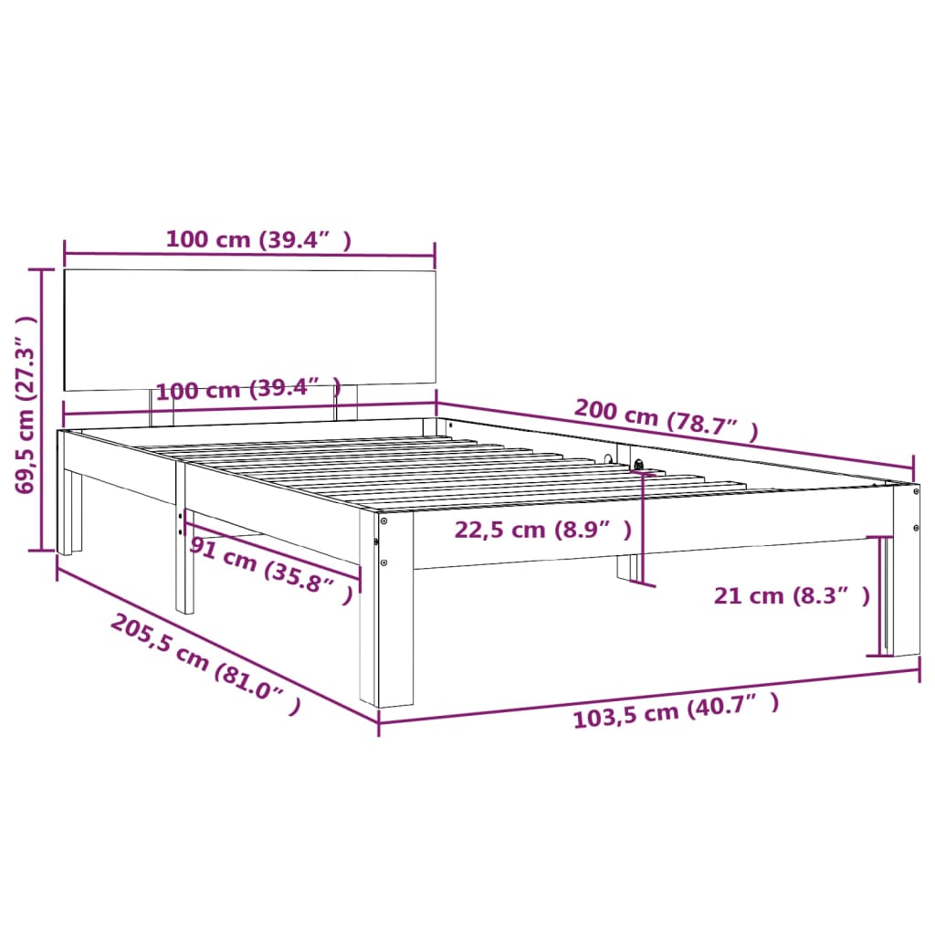 Cadre de lit sans matelas bois massif de pin gris 100x200 cm