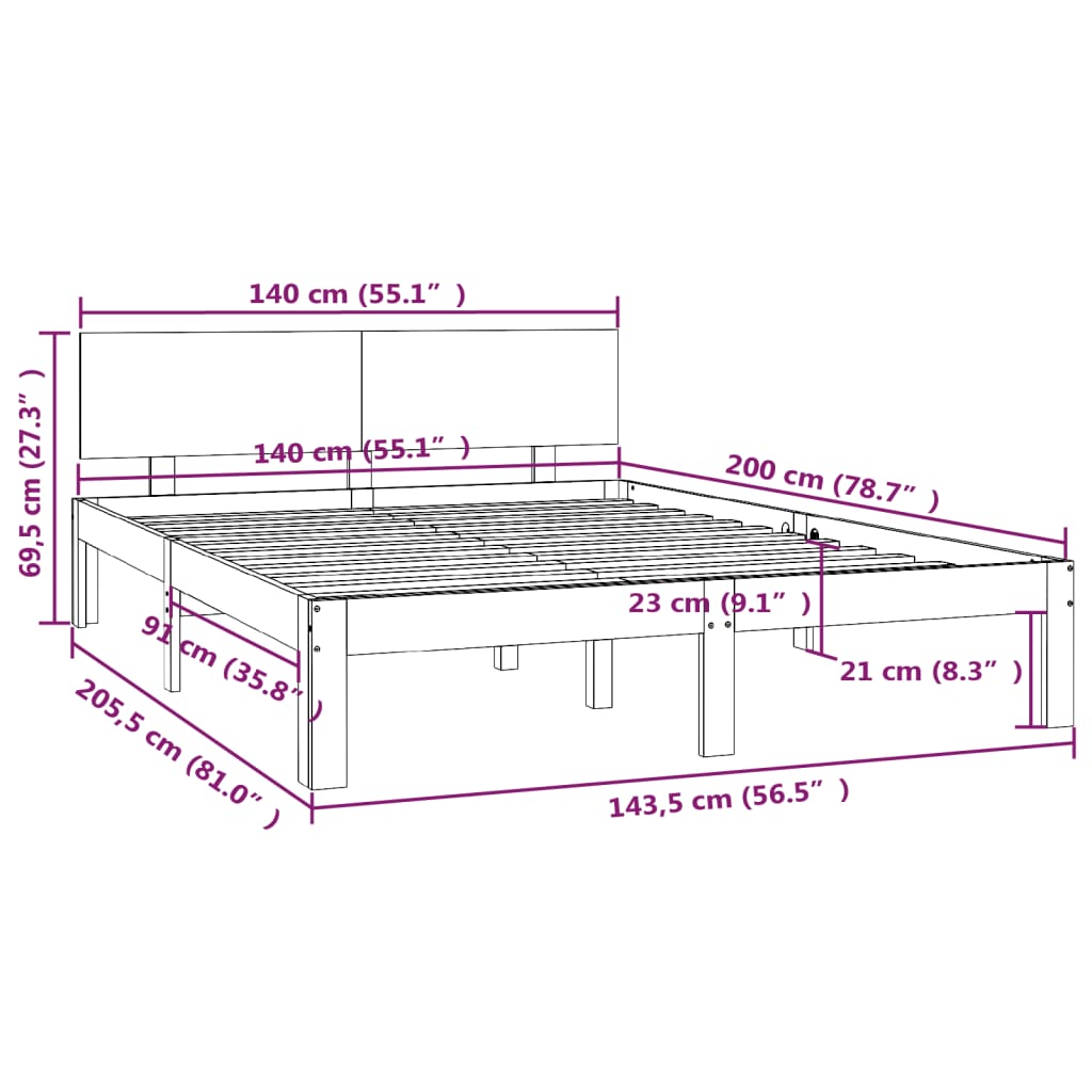 Cadre de lit sans matelas bois massif de pin gris 140x200 cm