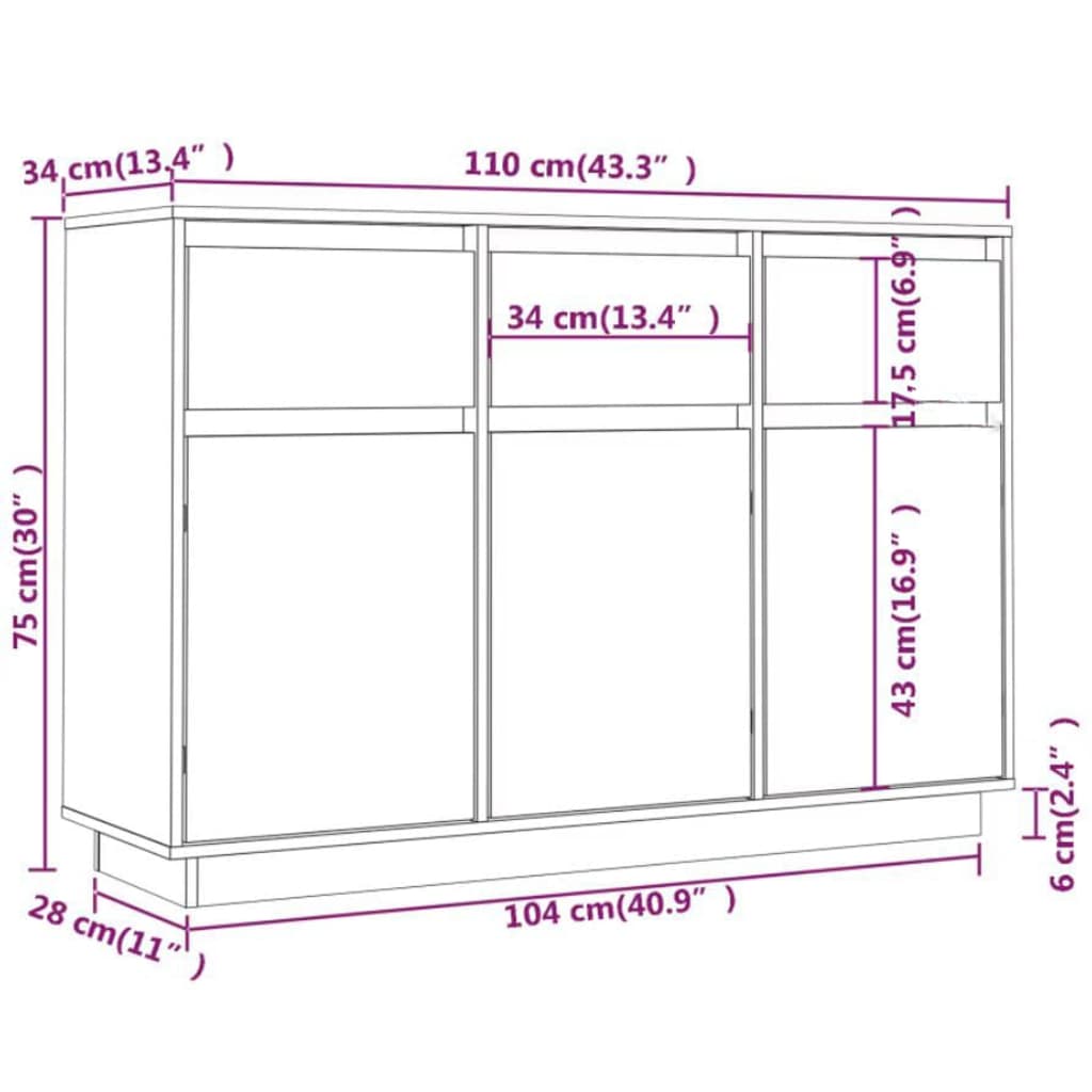 Weißes Sideboard 110x34x75 cm aus massivem Kiefernholz