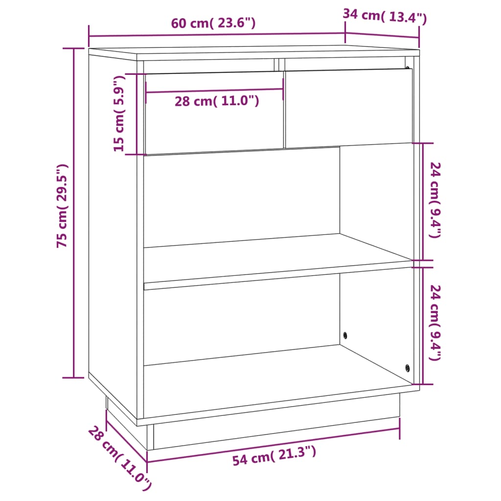 Armoire console Noir 60x34x75 cm Bois de pin solide