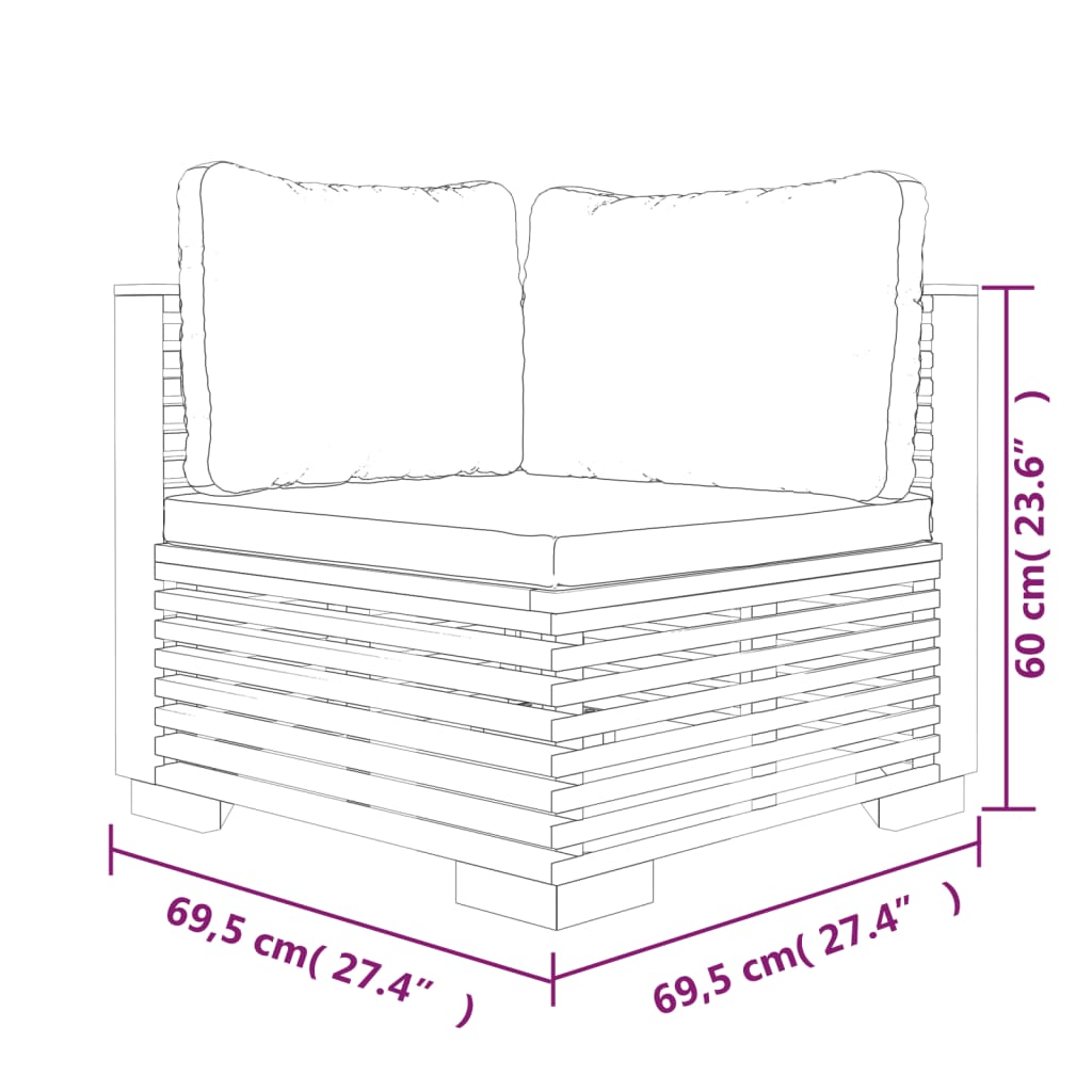 Garten-Ecksofa und cremefarbene Kissen. Massives Teakholz