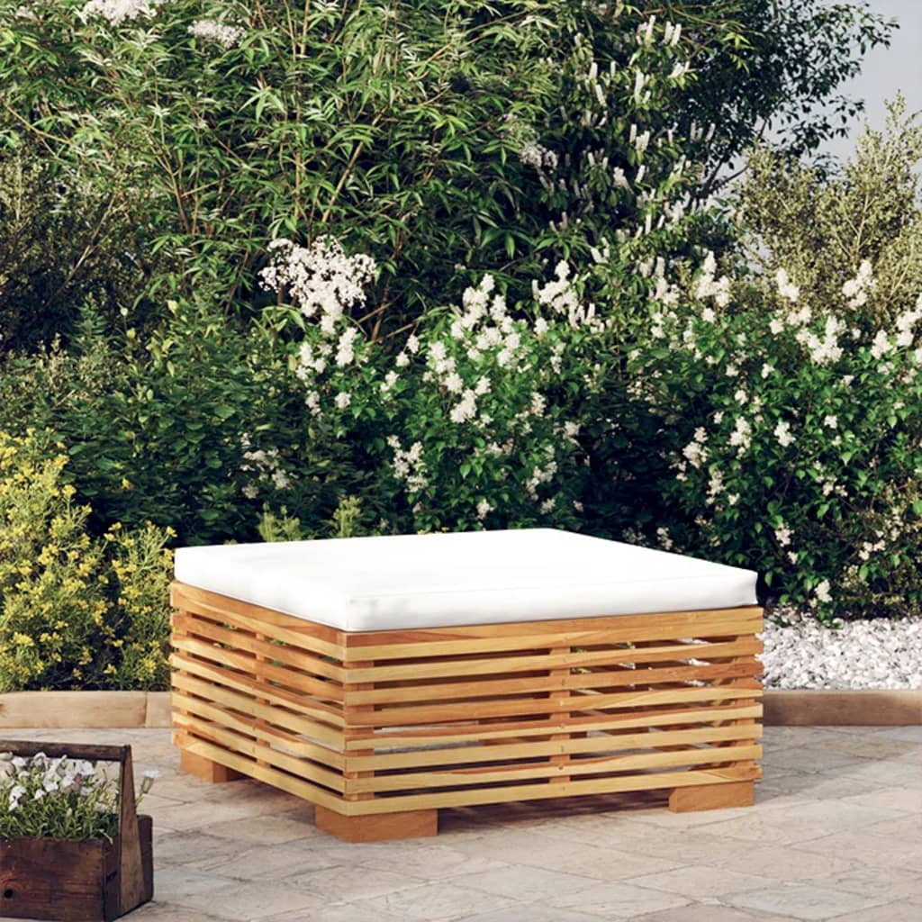 Repose-pied de jardin avec coussin crème Bois de teck massif