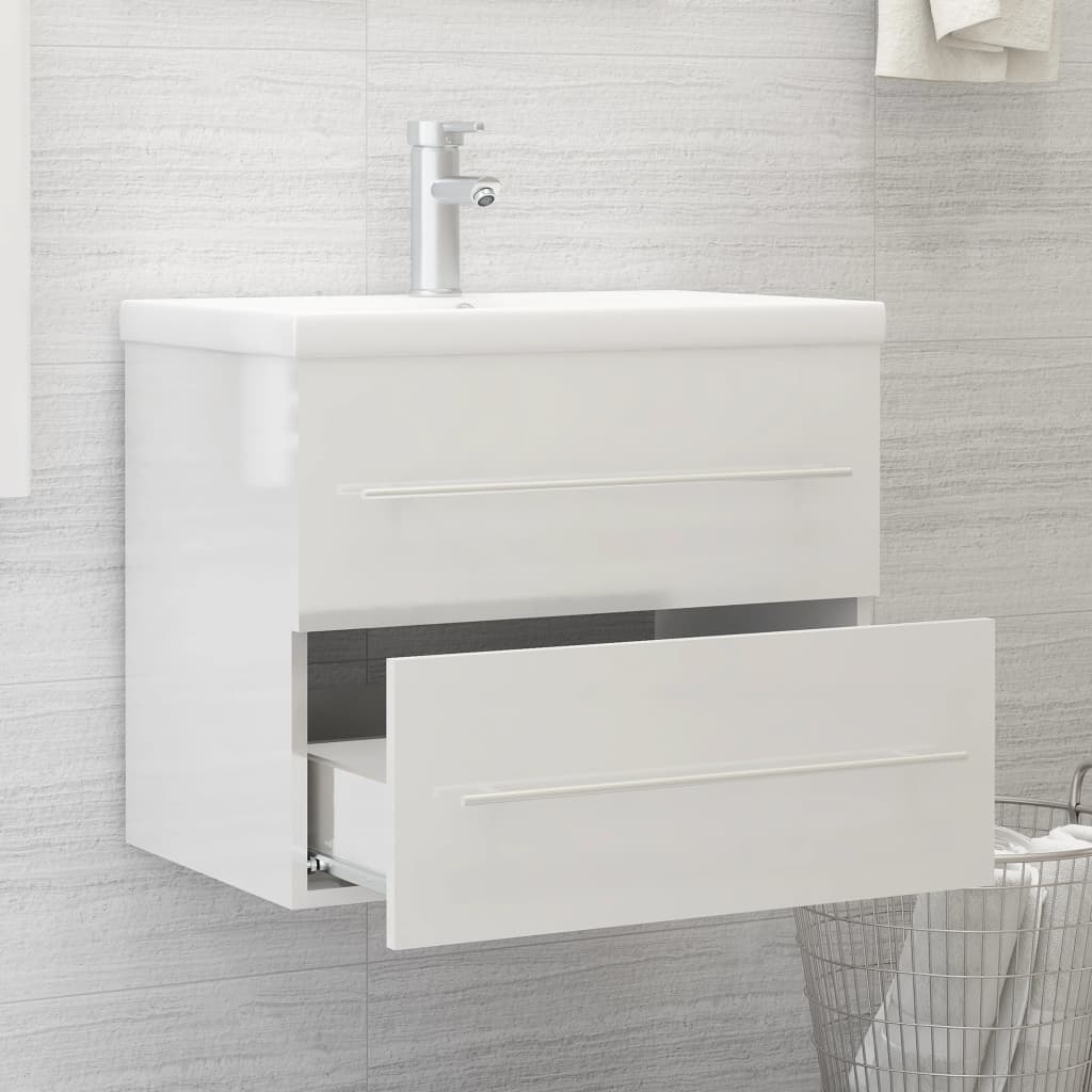 Armoire d'évier avec lavabo intégré Blanc brillant Aggloméré