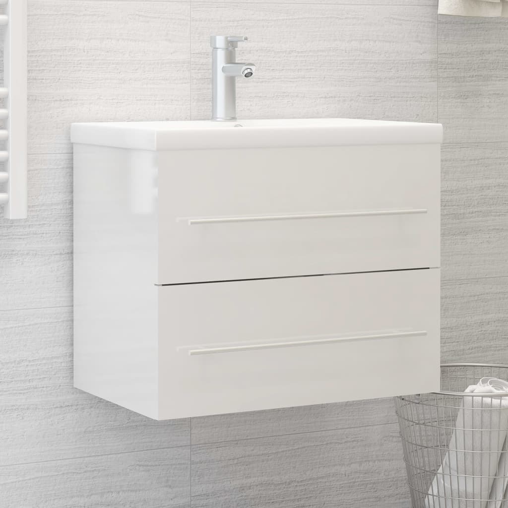 Sink cabinet with integrated washbasin Glossy white Chipboard