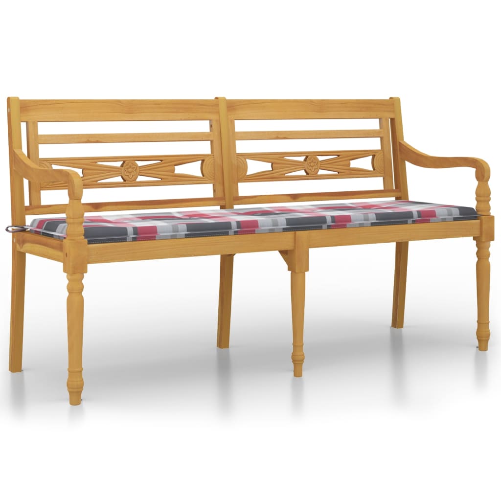 Banc Batavia coussin à motif de carreaux rouges 150cm Bois teck