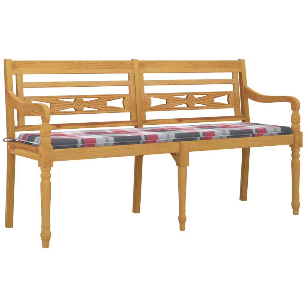 Banc Batavia coussin à motif de carreaux rouges 150cm Bois teck