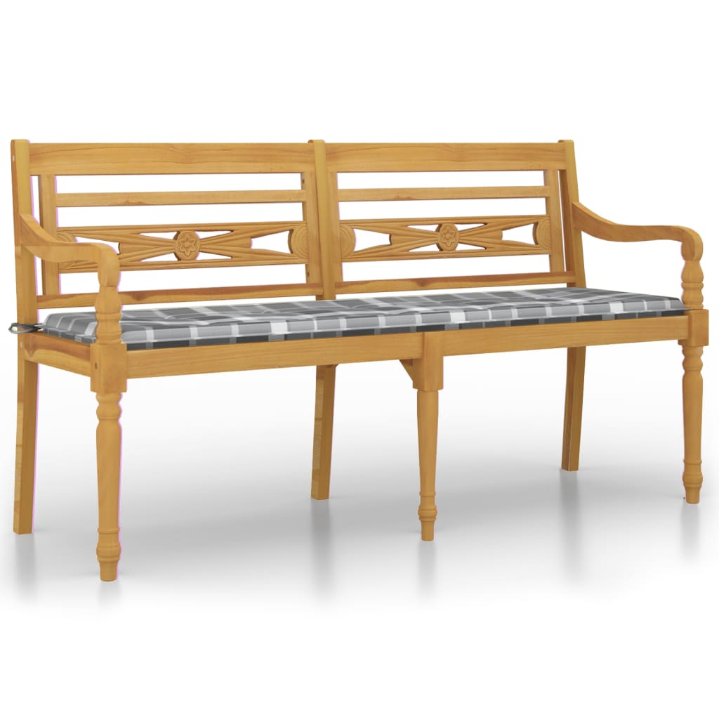 Banc Batavia coussin à motif de carreaux gris 150cm Bois teck