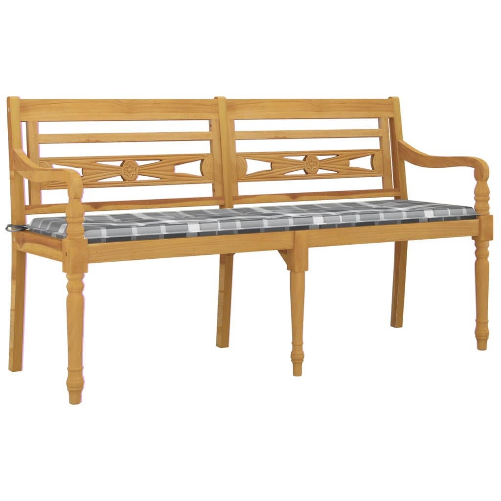 Banc Batavia coussin à motif de carreaux gris 150cm Bois teck