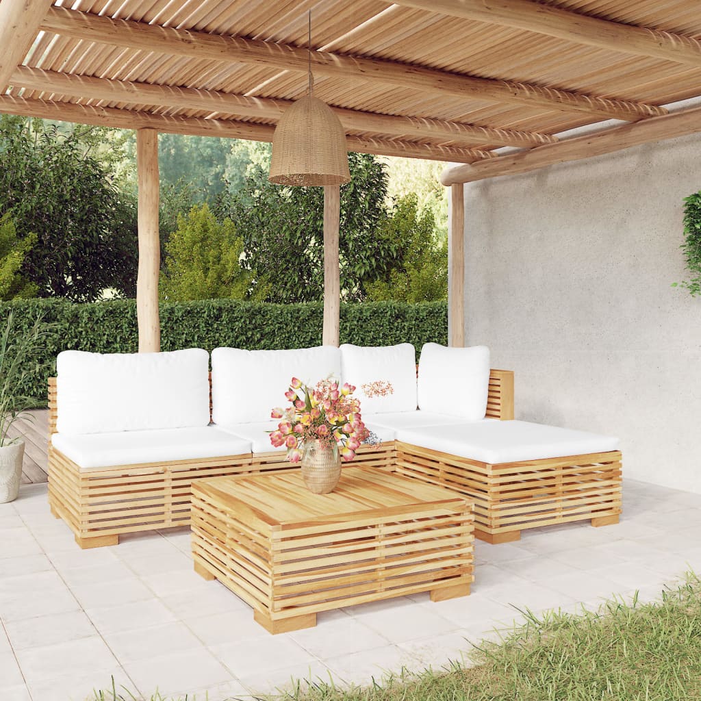 Salon de jardin 5 pcs avec coussins Bois de teck solide