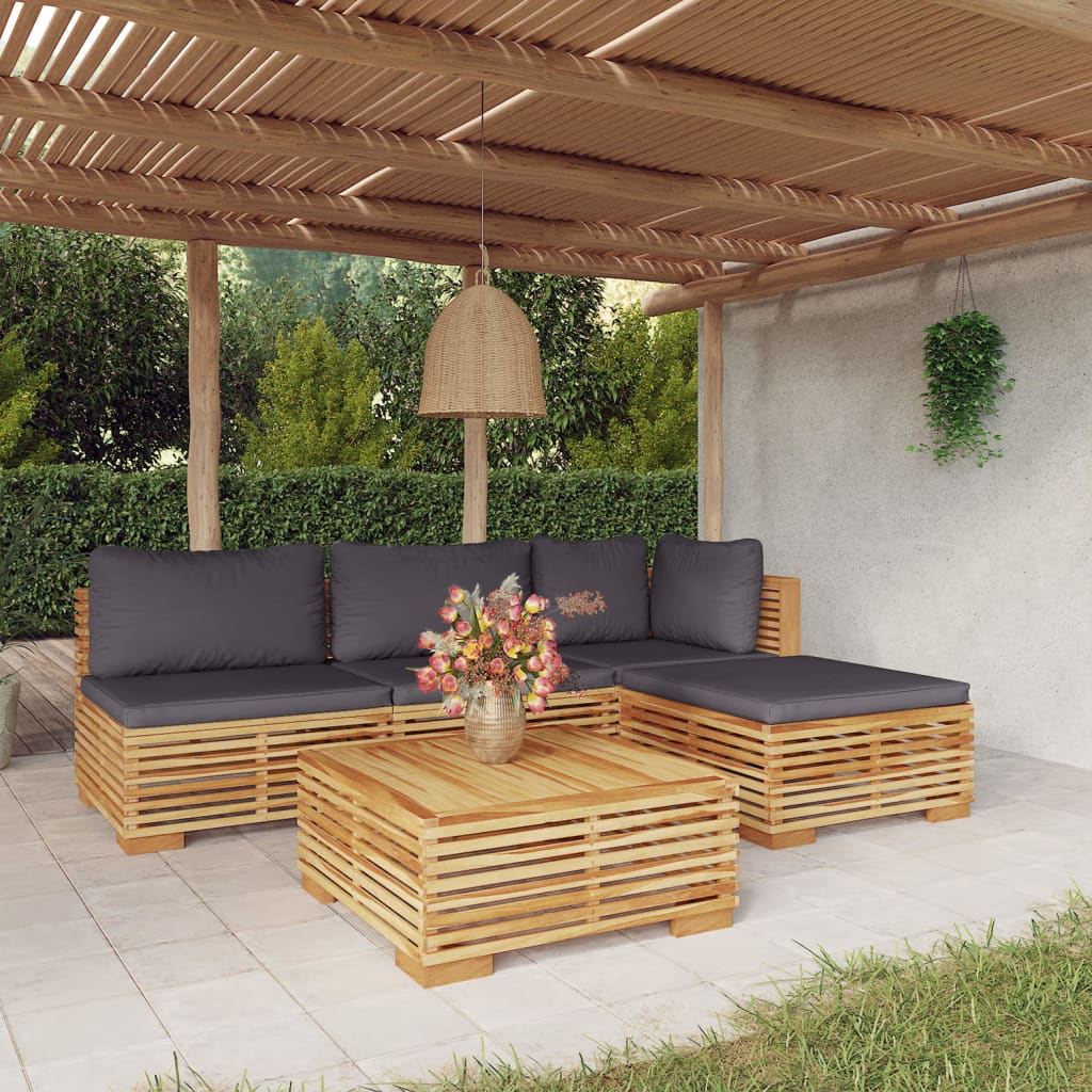 Salon de jardin 5 pcs avec coussins Bois de teck solide