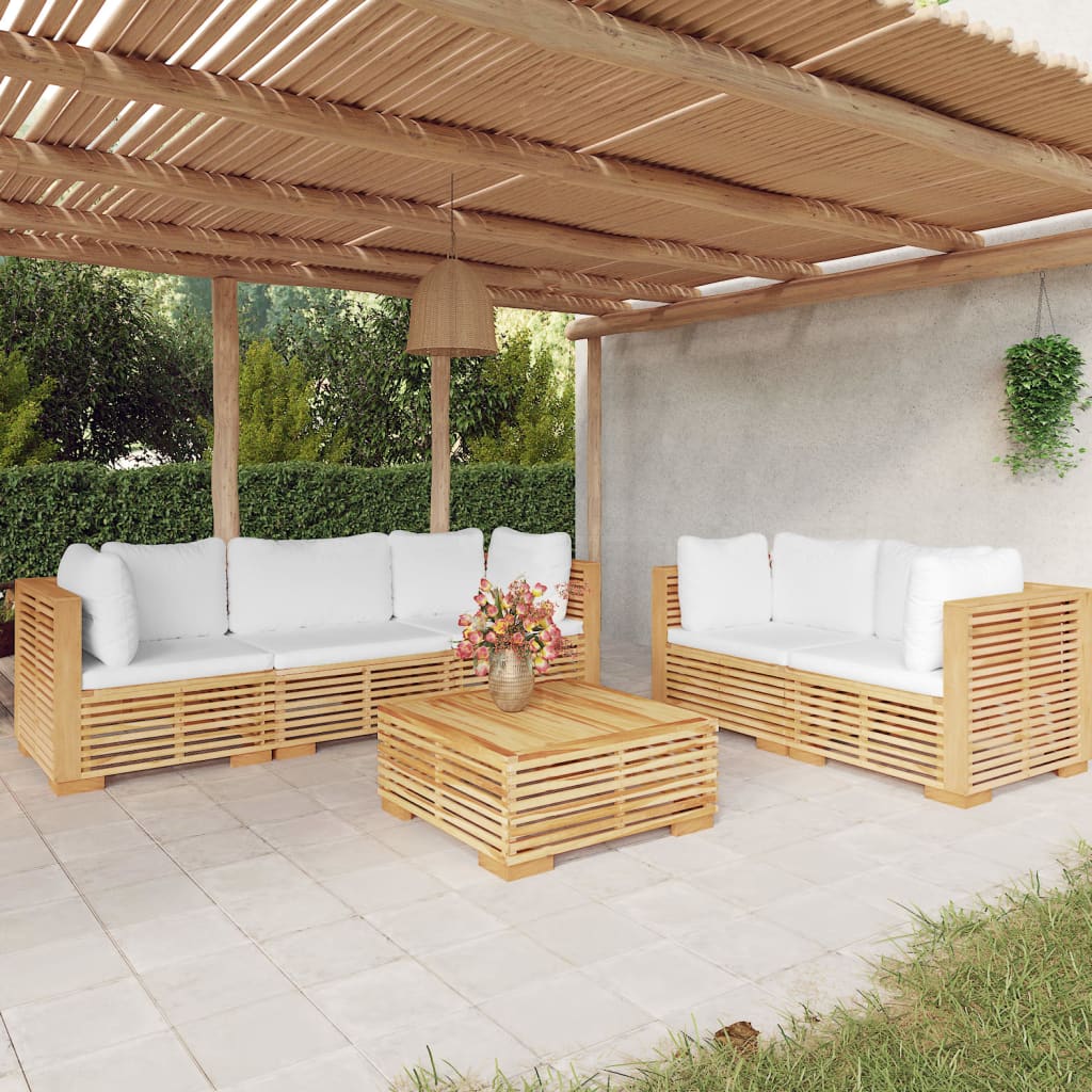 Salon de jardin 6 pcs avec coussins Bois de teck solide