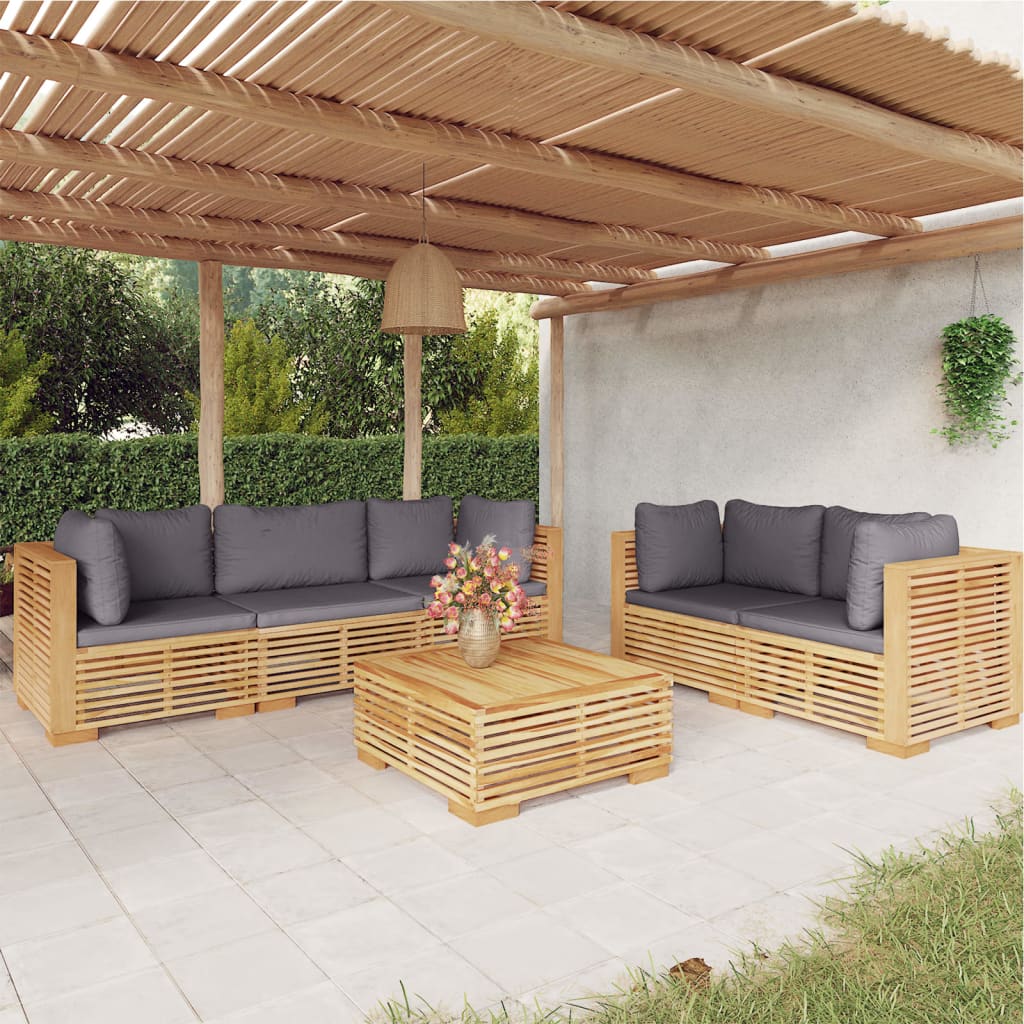 Salon de jardin 6 pcs avec coussins Bois de teck solide