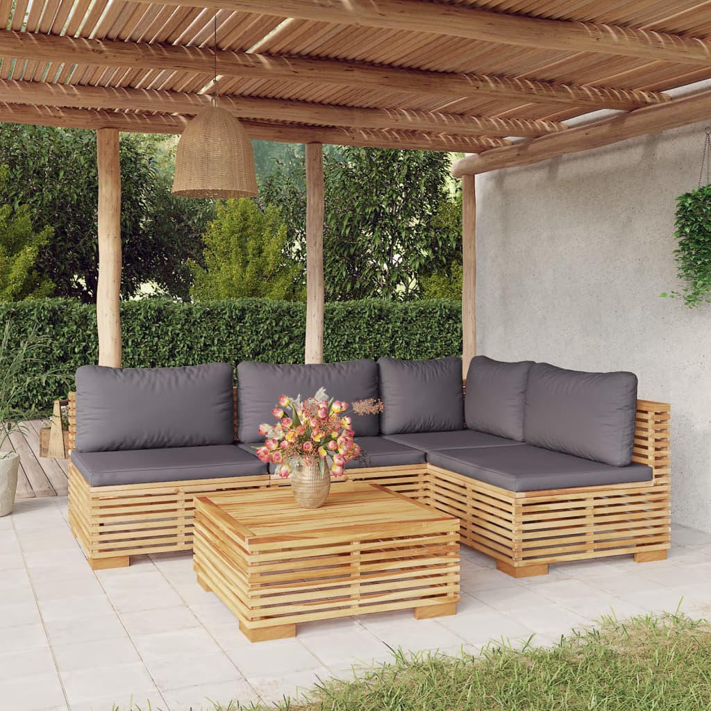 Salon de jardin 5 pcs avec coussins Bois de teck solide