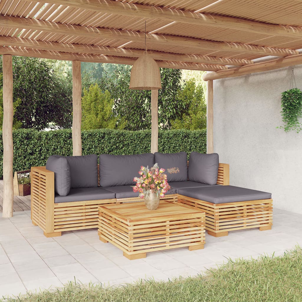 Salon de jardin 5 pcs avec coussins Bois de teck solide