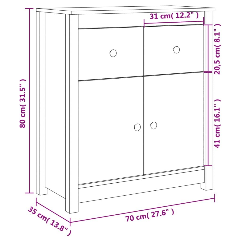 Buffet noir 70x35x80 cm bois massif de pin