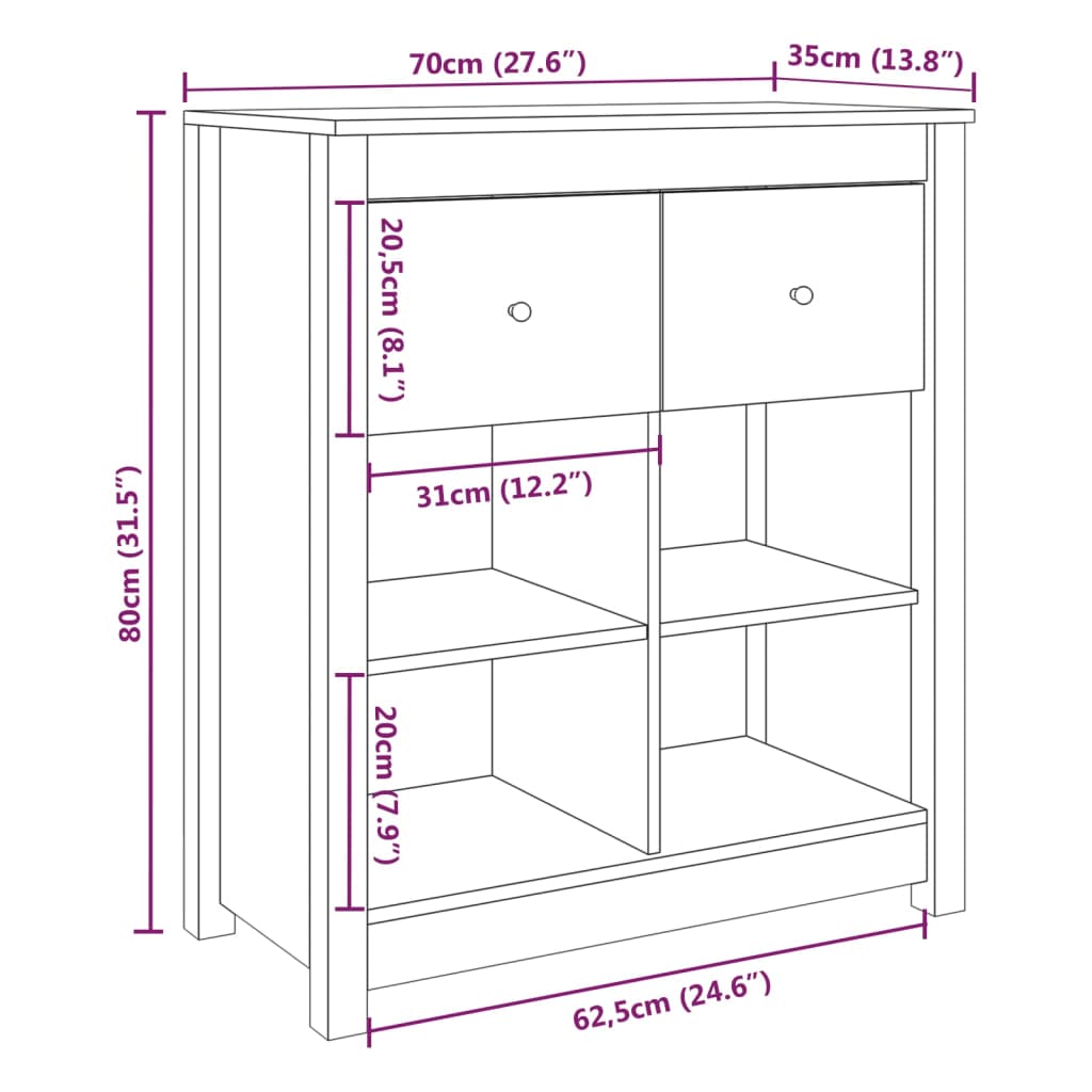 Graues Sideboard 70x35x80 cm Massives Kiefernholz