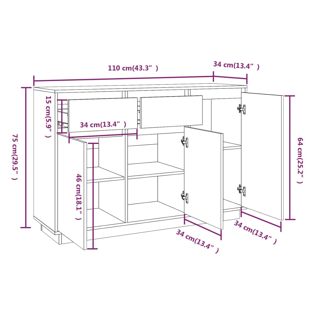 Buffet 110x34x75 cm bois massif de pin