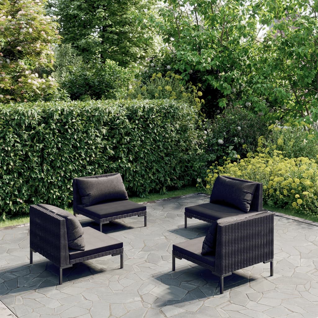 Salon de jardin 4 pcs avec coussins Résine tressée Gris foncé