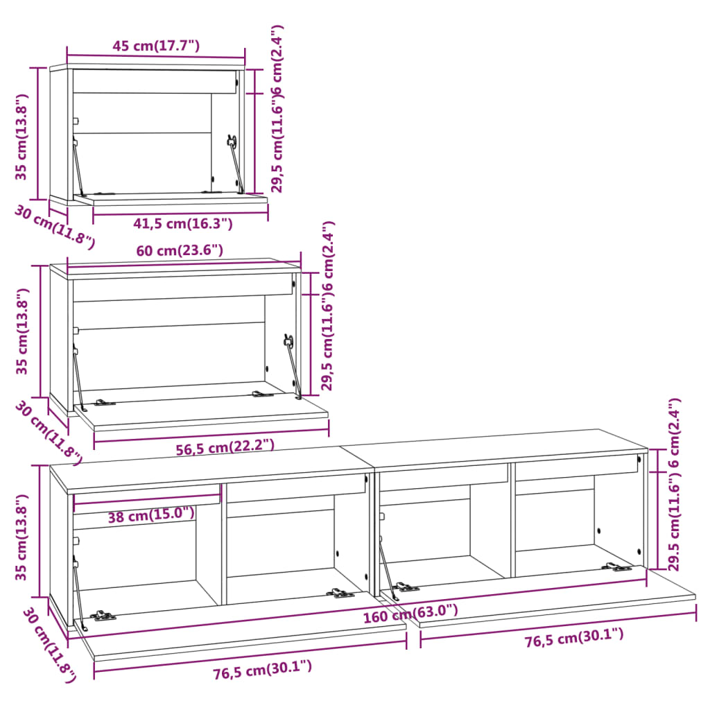 Meubles TV 4 pcs Blanc Bois massif de pin