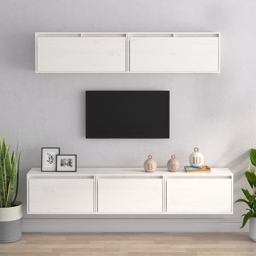 5 pcs TV cabinet White Solid pine wood