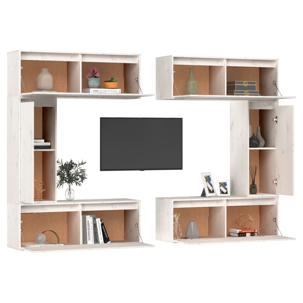 6 pcs TV cabinet White Solid pine wood