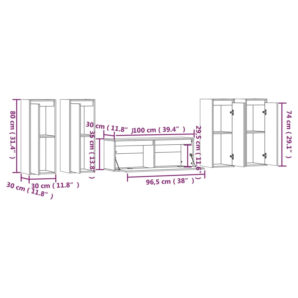 Meubles TV 5 pcs Gris Bois massif de pin