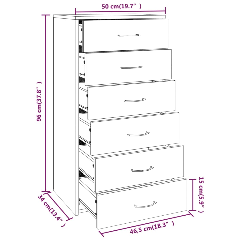 Buffet avec 6 tiroirs Chêne fumé 50x34x96 cm Bois d'ingénierie