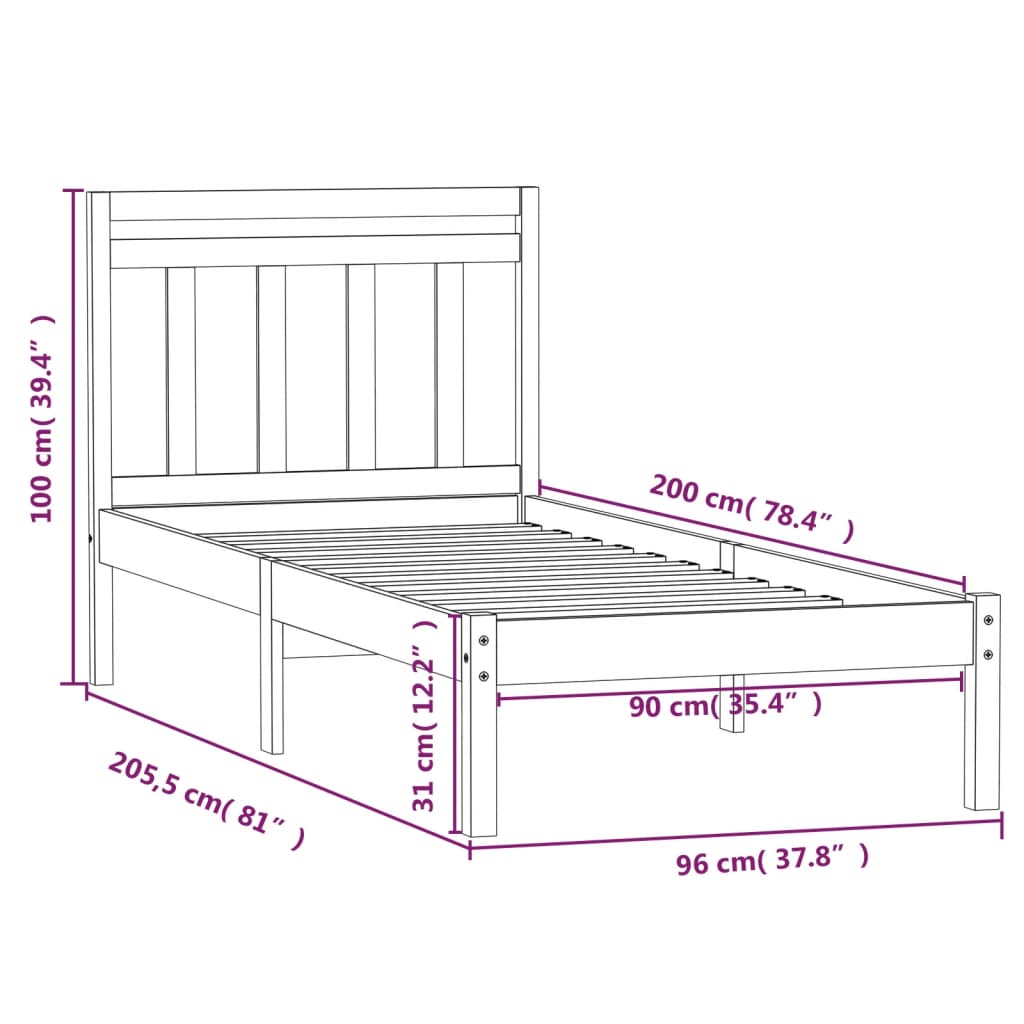 Cadre de lit sans matelas blanc bois massif 90x200 cm