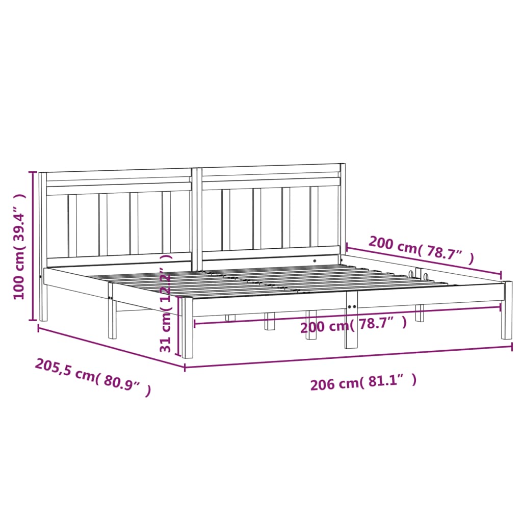 Cadre de lit sans matelas gris bois massif 200x200 cm