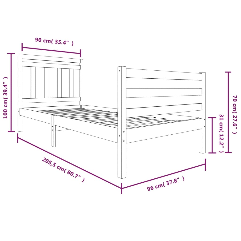 Cadre de lit sans matelas blanc bois massif 90x200 cm