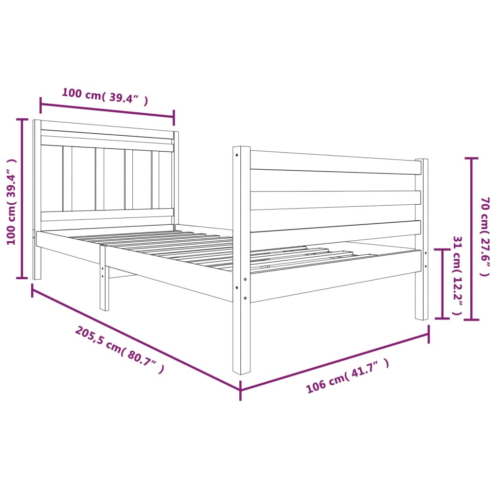 Cadre de lit sans matelas bois massif 100x200 cm