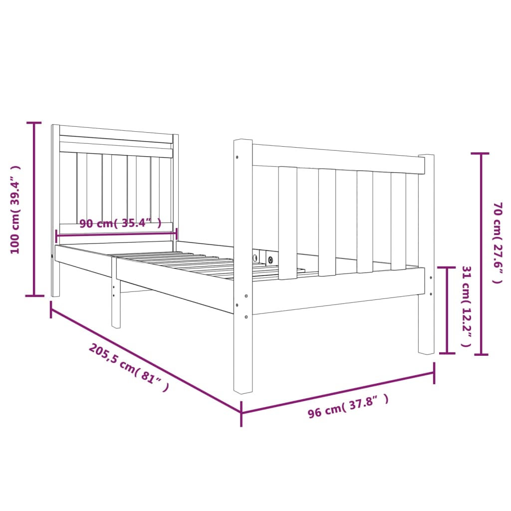 Cadre de lit sans matelas blanc bois massif 90x200 cm