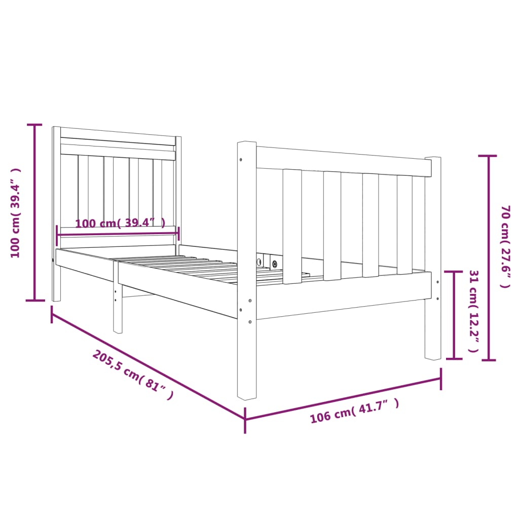 Cadre de lit sans matelas bois massif 100x200 cm