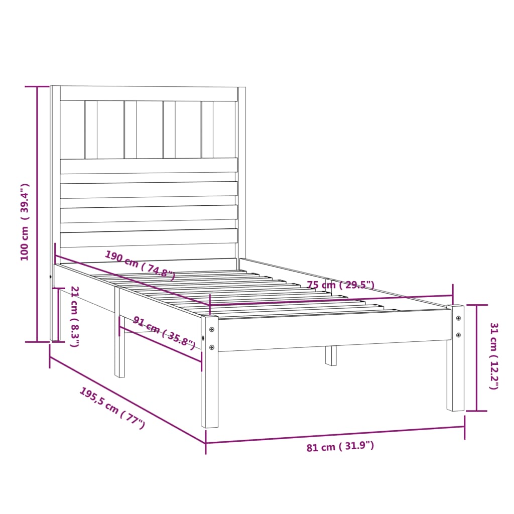 Cadre de lit sans matelas 75x190 cm bois de pin massif