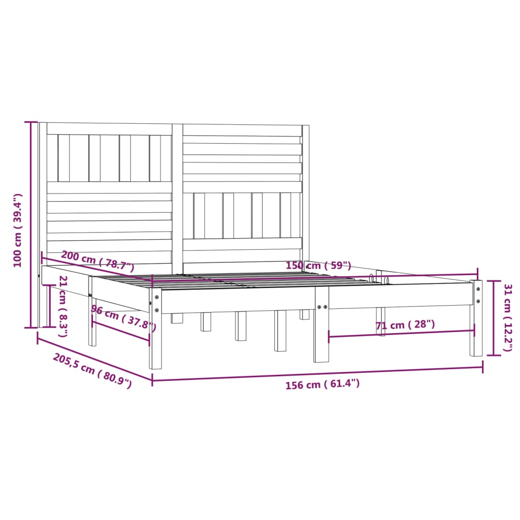 Cadre de lit sans matelas noir 150x200 cm bois de pin massif