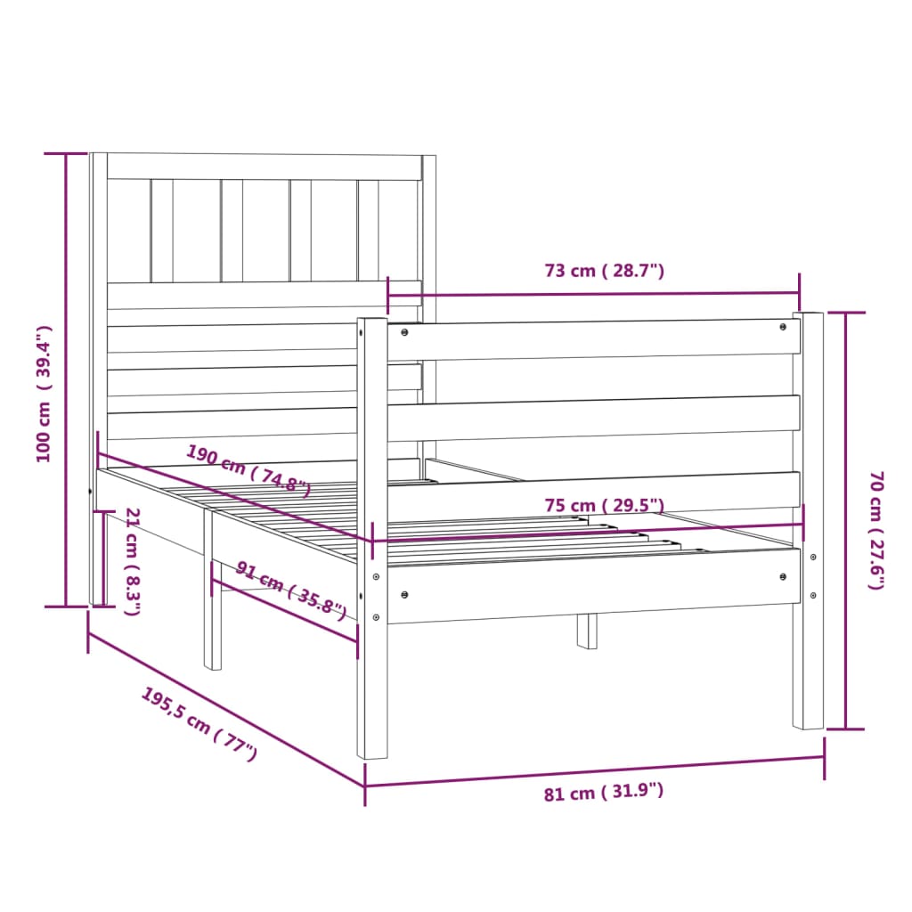 Cadre de lit sans matelas 75x190 cm bois massif