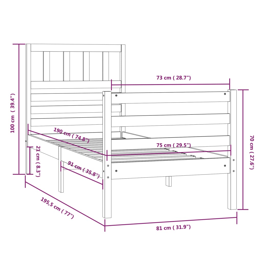 Cadre de lit sans matelas blanc 75x190 cm bois massif