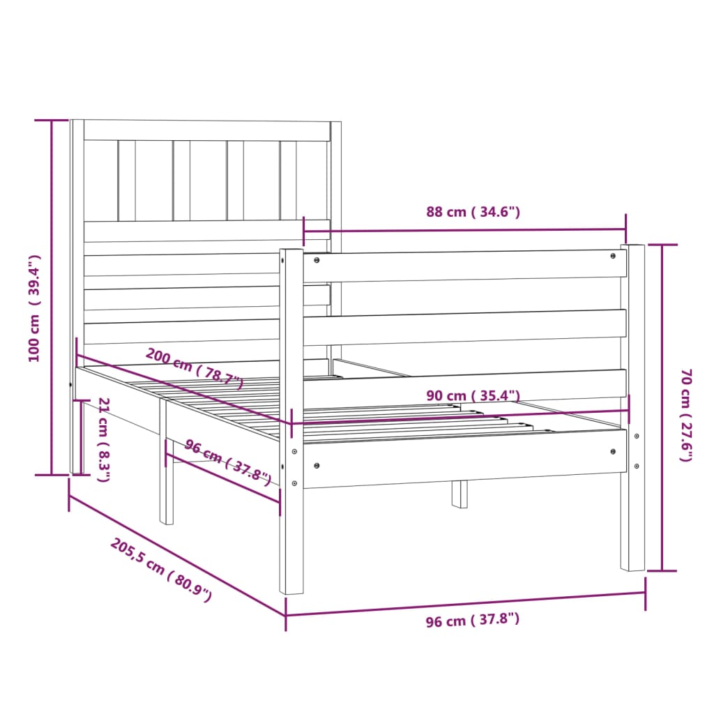 Cadre de lit sans matelas bois massif 90x200 cm