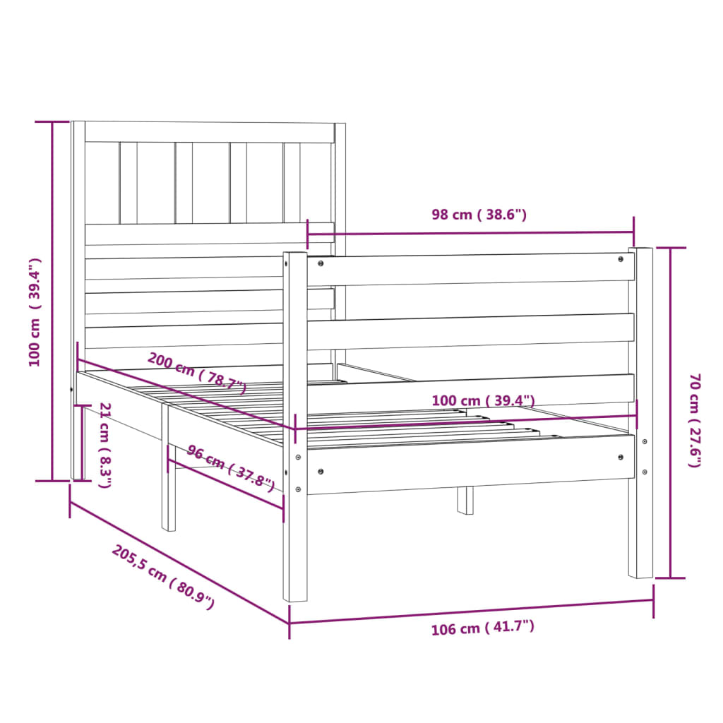 Cadre de lit sans matelas bois massif 100x200 cm