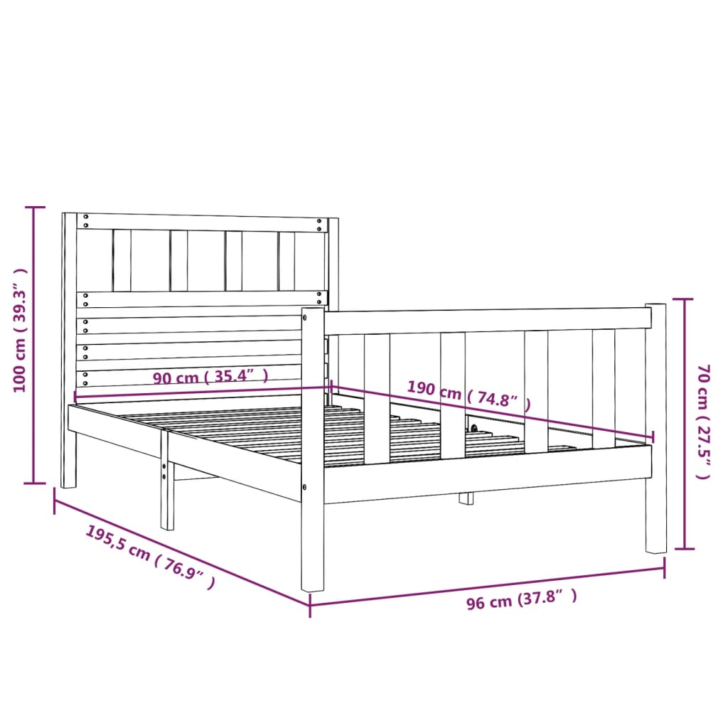 Cadre de lit sans matelas noir bois massif