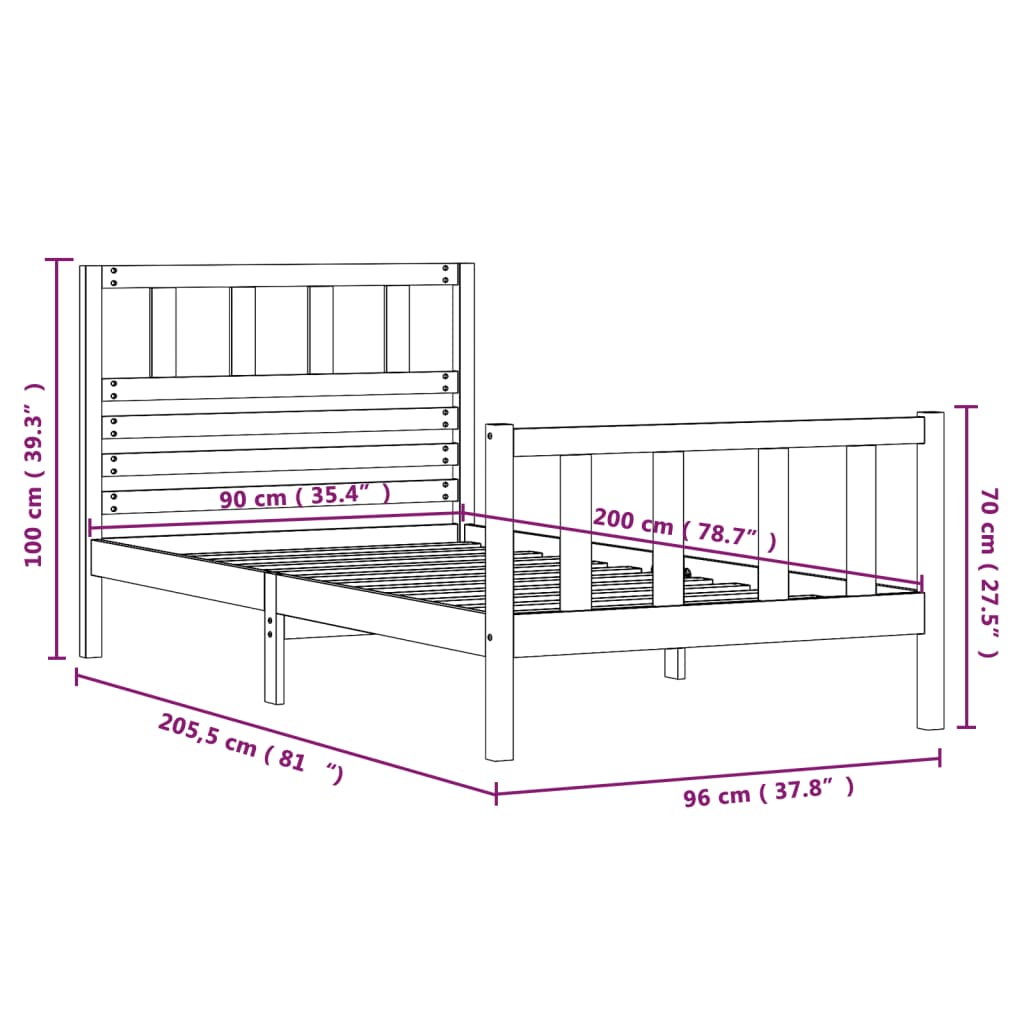 Cadre de lit sans matelas bois massif 90x200 cm