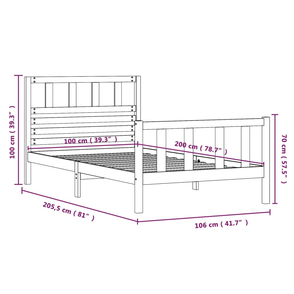 Cadre de lit sans matelas noir bois massif 100x200 cm