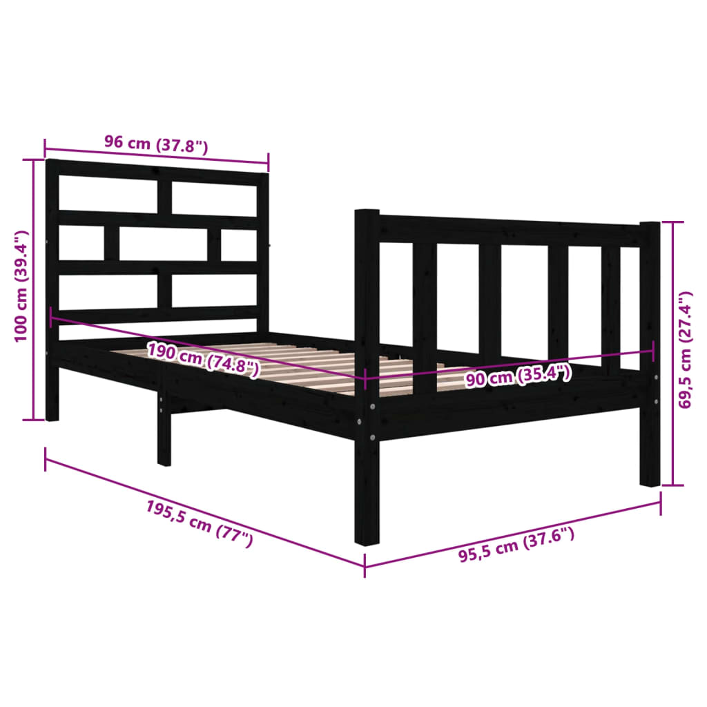 Cadre de lit sans matelas noir bois de pin massif