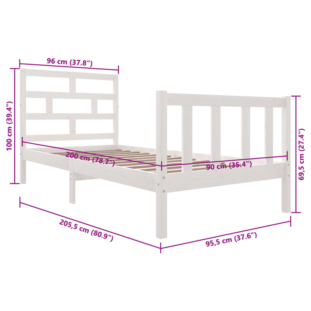 Cadre de lit sans matelas blanc bois massif 90x200 cm